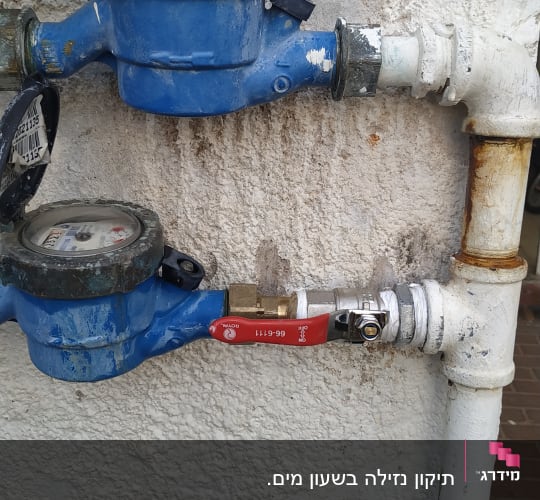 מד מים כחול עם צינורות וברז אדום